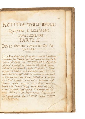 MANUSCRIPT.  Notitia degli Ordini Equestri e Religioni Cavalleresche.   Illustrated manuscript in Italian on paper.  18th century
